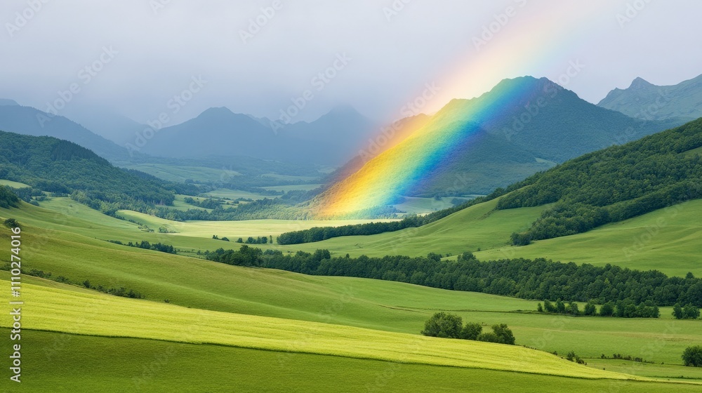 Obraz premium Rainbow Over Mountain Valley: A breathtaking landscape photograph showcasing a vibrant rainbow arching over rolling green hills and majestic mountains, symbolizing hope, renewal.