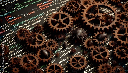 Rusty gears on code symbolize outdated programming languages plagued with bugs.