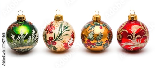 Vintage glass Christmas ornaments beautifully arranged on a white background showcasing intricate floral designs and vibrant colors.