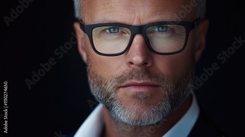 Mature businessman with glasses showcasing confidence and sophistication in a professional portrait against a dark background.