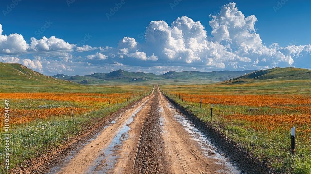 Fototapeta premium Dirt road leading to remote oil well pad in summer tundra with vibrant wildflowers and blue sky reflecting seasonal beauty and nature's resilience