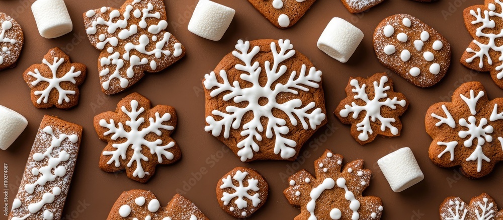 Homemade gingerbread snowflakes and marshmallows arranged on a brown backdrop creating a cozy winter flat lay scene Homemade gingerbread snowflakes and marshmallows arranged on a brown backdrop creating a cozy winter flat lay scene