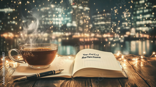 A journal and pen on a wooden table, surrounded by fairy lights and a cup of tea, with 