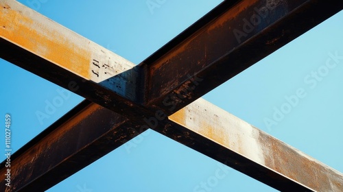 Steel beams crossbeam structure against blue sky for construction support framework design and architectural integrity in building projects