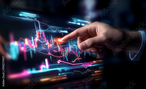 A focused young businessman interacts with a futuristic digital interface, touching a virtual screen with rising bar charts and data visualizations. 