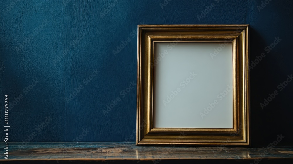 Elegant gold picture frame on rustic wooden table against deep blue wall with ample copy space for artwork or text display. Elegant gold picture frame on rustic wooden table against deep blue wall with ample copy space for artwork or text display.
