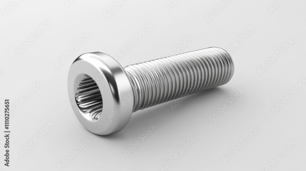 Metal screw with detailed threading and smooth head isolated on a clean white background showcasing industrial design and functionality. Metal screw with detailed threading and smooth head isolated on a clean white background showcasing industrial design and functionality.