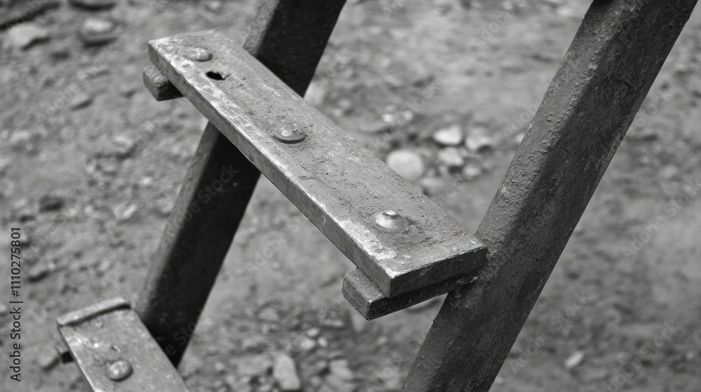 Fototapeta premium Rusty metal ladder in soft black and white tones highlighting texture and vintage aesthetics on a weathered ground surface.