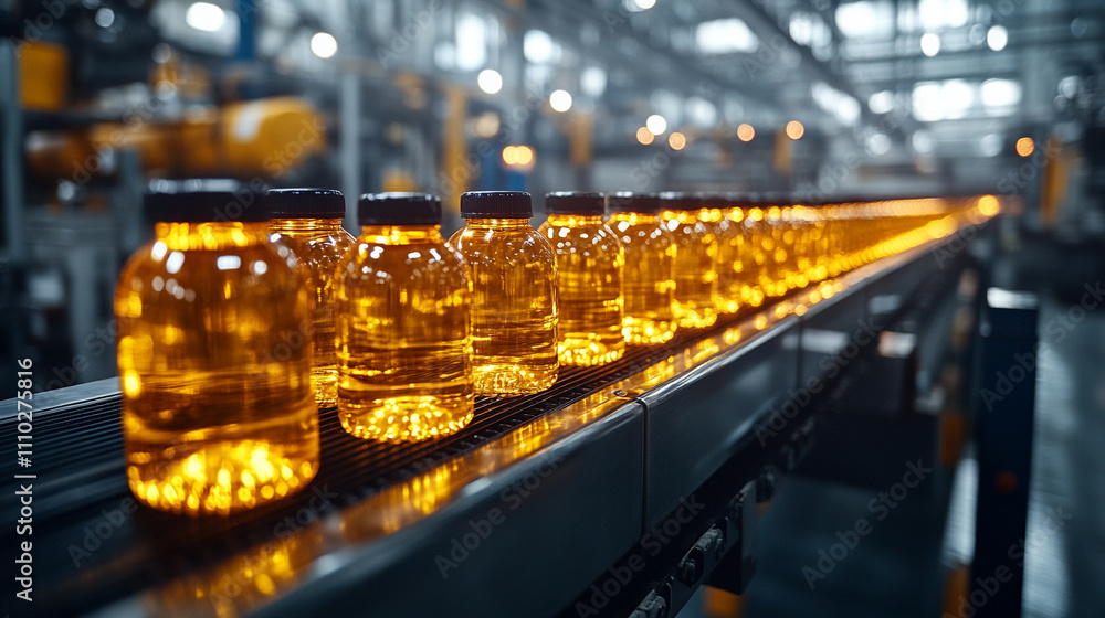 row of empty amber glass bottles arranged on an assembly line symbolizing the concept of mass production, industrial work, and the potential for transformation or repurposing in a creative setting row of empty amber glass bottles arranged on an assembly line symbolizing the concept of mass production, industrial work, and the potential for transformation or repurposing in a creative setting