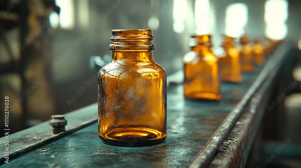 row of empty amber glass bottles arranged on an assembly line symbolizing the concept of mass production, industrial work, and the potential for transformation or repurposing in a creative setting row of empty amber glass bottles arranged on an assembly line symbolizing the concept of mass production, industrial work, and the potential for transformation or repurposing in a creative setting