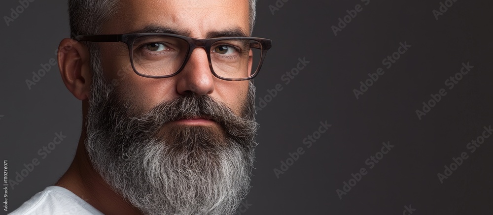 Middle aged man with a full beard wearing glasses in a studio portrait against a neutral background Middle aged man with a full beard wearing glasses in a studio portrait against a neutral background