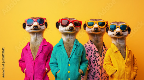 Four Meerkats in Sunglasses and Colorful Jackets