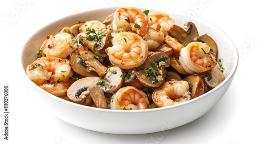 Shrimp salad with mushrooms garnished with herbs served in a bowl isolated on a white background