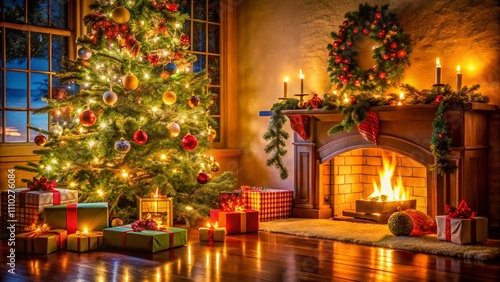 Wallpaper Mural Cozy Christmas Interior with a Magical Glowing Tree, Fireplace Aglow, and Piles of Gifts Under Twinkling Lights for a Perfect Holiday Atmosphere Torontodigital.ca