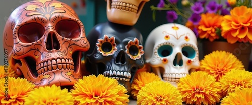 Marigold and Skull Decor for a Traditional Day of the Dead Altar Display.