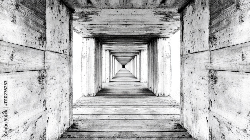 Symmetrical linear perspective of an old wooden bridge showcasing weathered texture and depth in a monochromatic setting Symmetrical linear perspective of an old wooden bridge showcasing weathered texture and depth in a monochromatic setting