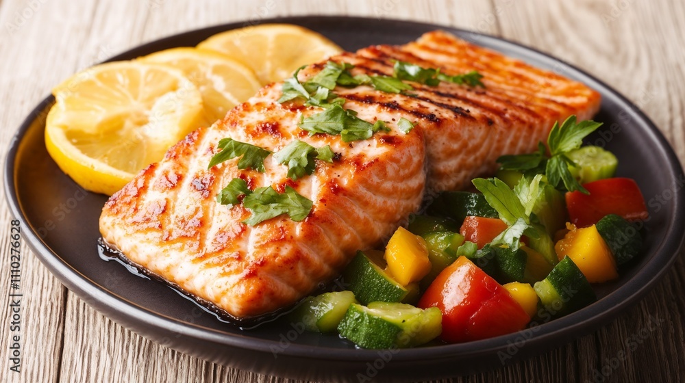 Healthy grilled salmon fillet with vegetables and lemon slices on a black plate Healthy grilled salmon fillet with vegetables and lemon slices on a black plate
