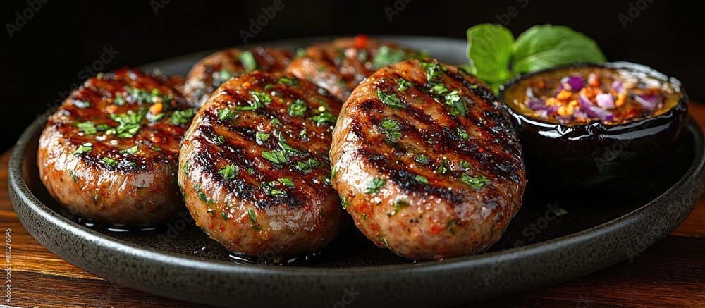 Grilled sausages served on a black plate with eggplant and a flavorful dipping sauce garnished with herbs and vegetables Grilled sausages served on a black plate with eggplant and a flavorful dipping sauce garnished with herbs and vegetables