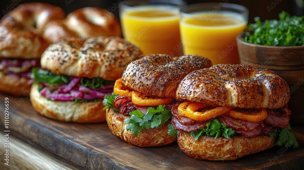 Delicious assortment of gourmet sandwiches with meat on fresh bagels served with orange juice and coffee in a cozy setting Delicious assortment of gourmet sandwiches with meat on fresh bagels served with orange juice and coffee in a cozy setting