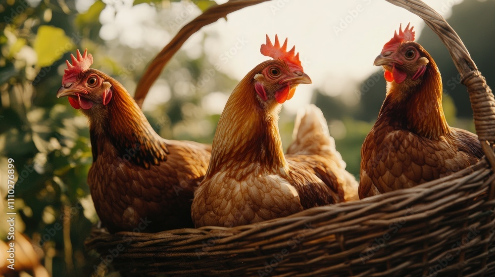 Fototapeta premium Chickens in a basket at sunrise showcasing organic farming and rustic lifestyle in a serene farm setting