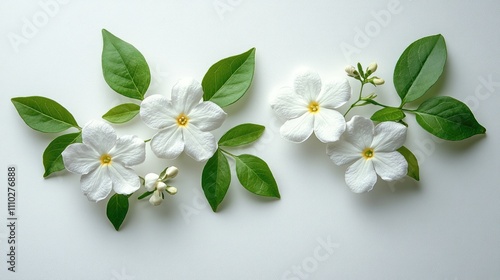 Jasmine flowers and green leaves arranged artistically on a white background showcasing their natural beauty and elegance. photo