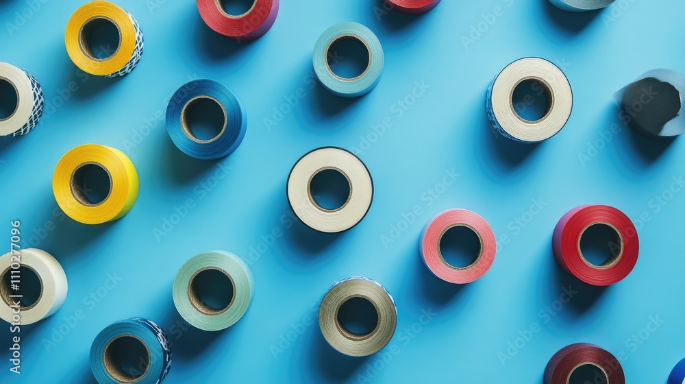 Variety of colorful scotch tape rolls arranged on a vibrant blue background for creative and DIY projects. Variety of colorful scotch tape rolls arranged on a vibrant blue background for creative and DIY projects.