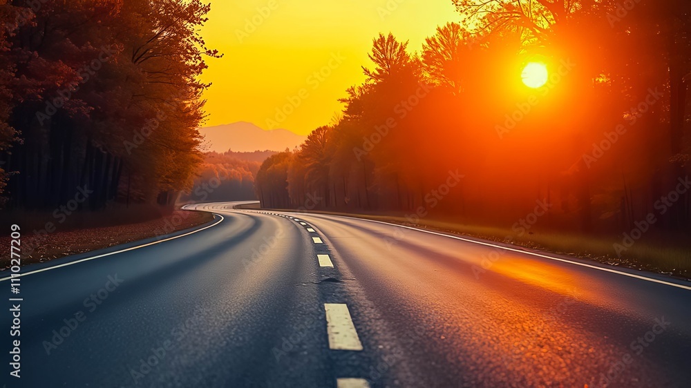 Fototapeta premium Autumnal Road Winding Through a Forest at Sunset
