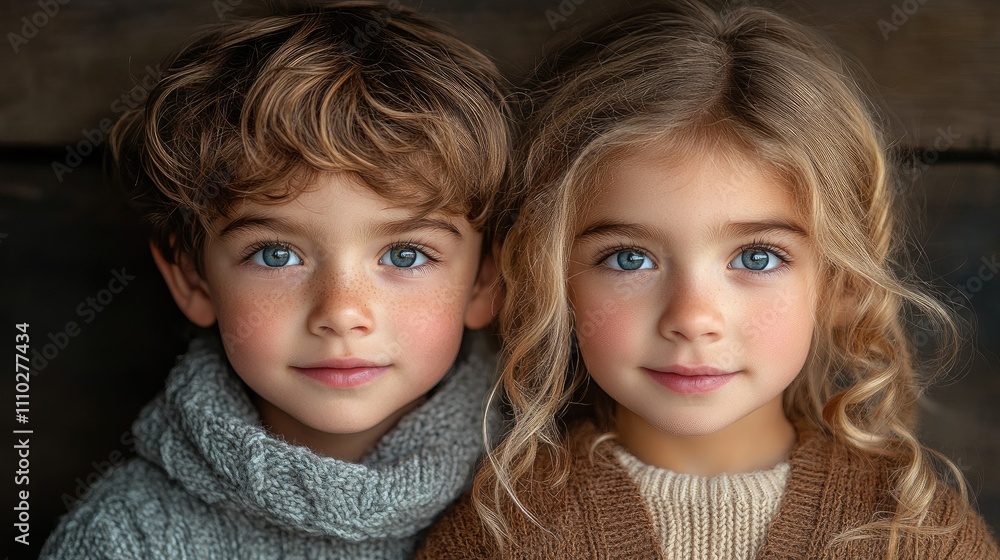 Children Portrait in Cozy Sweaters with Warm Expressions in a Studio Setting Children Portrait in Cozy Sweaters with Warm Expressions in a Studio Setting