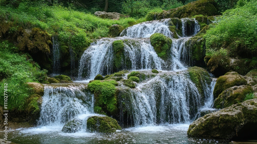 Serene Cascading Waterfall in Lush Green Forest Serene Cascading Waterfall in Lush Green Forest
