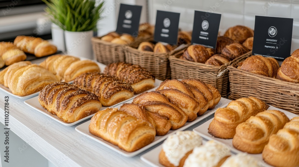Fresh Baked Pastry Display: A tantalizing array of freshly baked pastries, arranged on pristine white plates and nestled in rustic woven baskets. Fresh Baked Pastry Display: A tantalizing array of freshly baked pastries, arranged on pristine white plates and nestled in rustic woven baskets.