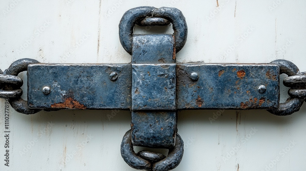 Rusty silver padlock secured with chains in a cross formation on a weathered background representing security and protection concepts. Rusty silver padlock secured with chains in a cross formation on a weathered background representing security and protection concepts.