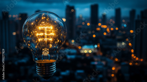 glowing lightbulb on a table against a softly blurred background symbolizes innovation creativity bright ideas and inspiration representing moments of clarity and potential for problem-solving photo