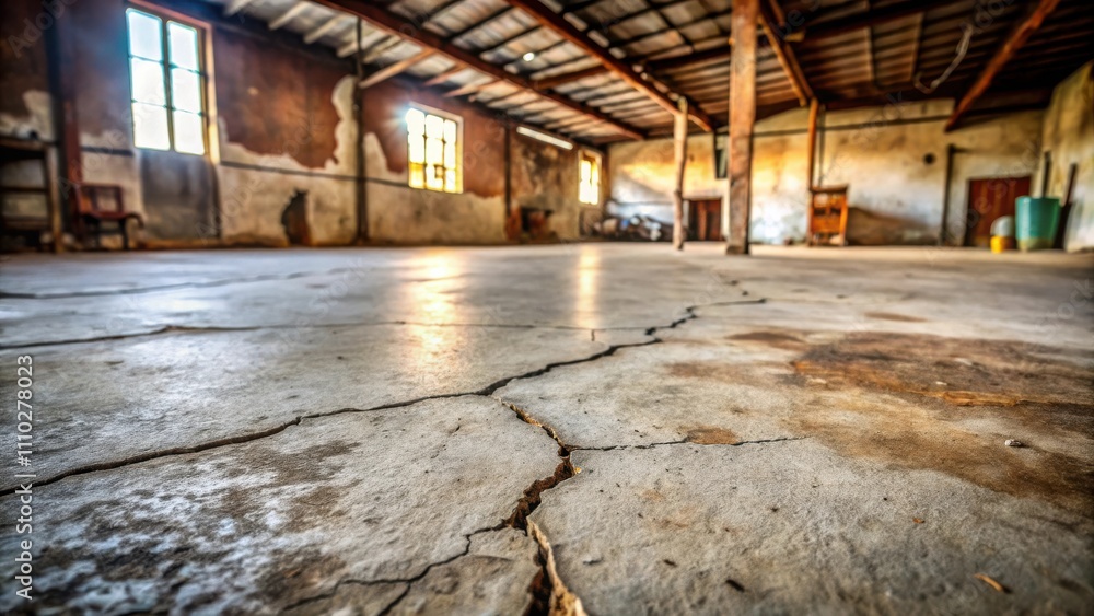 Cracked concrete floor of an abandoned building with a ray of light shining through the window Cracked concrete floor of an abandoned building with a ray of light shining through the window