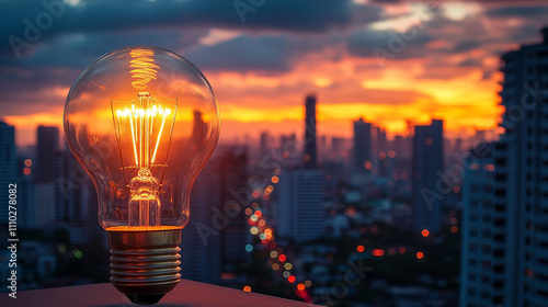 glowing lightbulb on a table against a softly blurred background symbolizes innovation creativity bright ideas and inspiration representing moments of clarity and potential for problem-solving photo