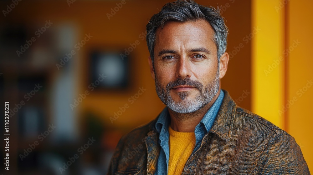 CEO portrait in stylish jacket against vibrant yellow background showcasing confidence and professionalism in modern studio setting CEO portrait in stylish jacket against vibrant yellow background showcasing confidence and professionalism in modern studio setting