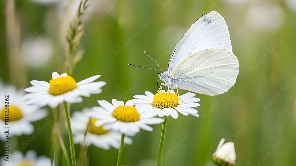 A butterfly perched on several daisies, Generative AI A butterfly perched on several daisies, Generative AI