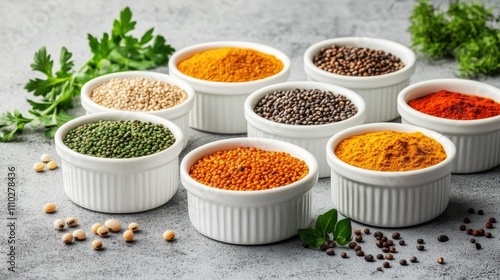 Fototapeta Naklejka Na Ścianę i Meble -  Healthy pulses and spices selection in white dishes on a textured surface with fresh herbs and vibrant colors showcasing natural ingredients