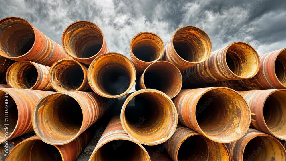 Rusty metal pipes stacked together under a cloudy sky at a construction site in an industrial area Rusty metal pipes stacked together under a cloudy sky at a construction site in an industrial area