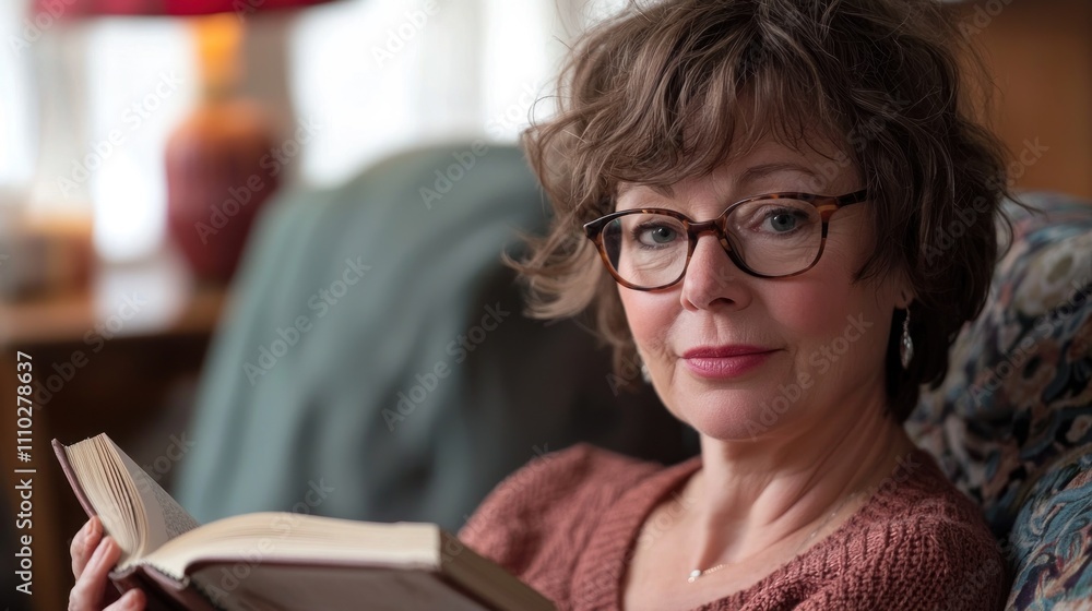 A Baby Boomer woman reading a book, wearing glasses as she enjoys some quiet time in her living room. A Baby Boomer woman reading a book, wearing glasses as she enjoys some quiet time in her living room.
