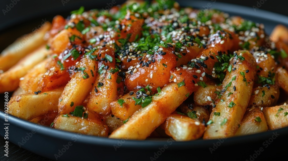Japanese izakaya style fries topped with savory sauces and garnished with herbs and sesame seeds served on a black plate Japanese izakaya style fries topped with savory sauces and garnished with herbs and sesame seeds served on a black plate