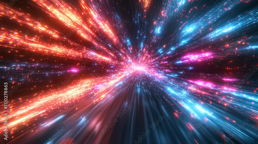 Naklejka premium Vibrant colored light rays resembling constellations streaming across a dark cosmic background evoking themes of wonder connection energy and the vast mysteries of the universe
