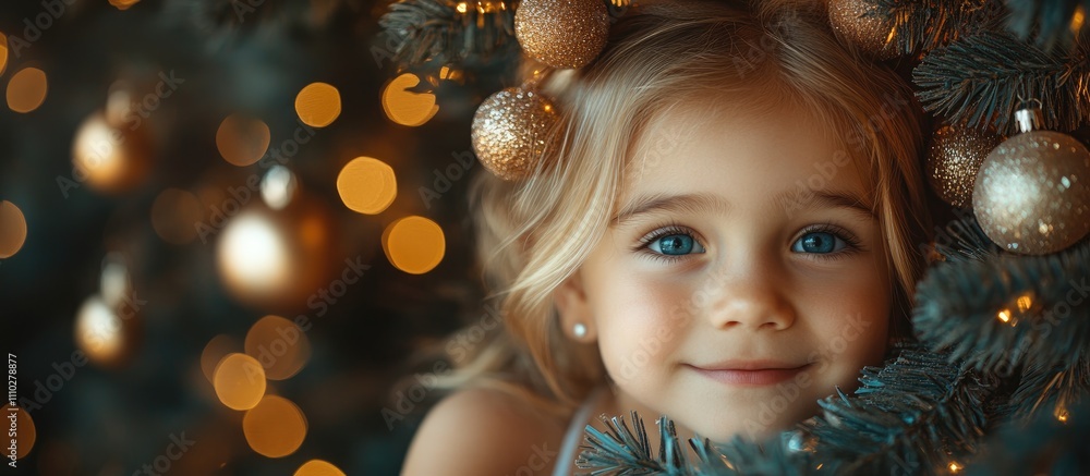 Family celebration of Christmas joy with a little girl smiling amidst a beautifully decorated tree and warm holiday bokeh lights. Family celebration of Christmas joy with a little girl smiling amidst a beautifully decorated tree and warm holiday bokeh lights.