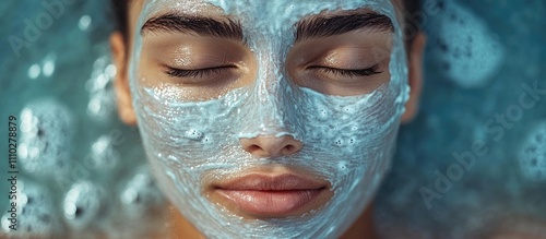 Man relaxing with a facial mask applying treatment using a brush for skincare and rejuvenation in a calming spa environment.