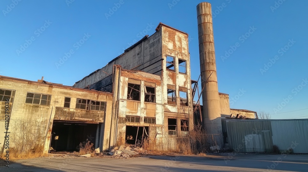 Decaying industrial building with broken windows and weathered facades highlighting the effects of time and vandalism on urban structures Decaying industrial building with broken windows and weathered facades highlighting the effects of time and vandalism on urban structures