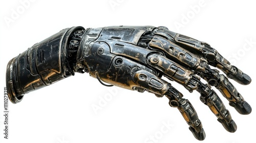 Futuristic robot hand with metallic finish, finger pointing forward, isolated on a clean white background