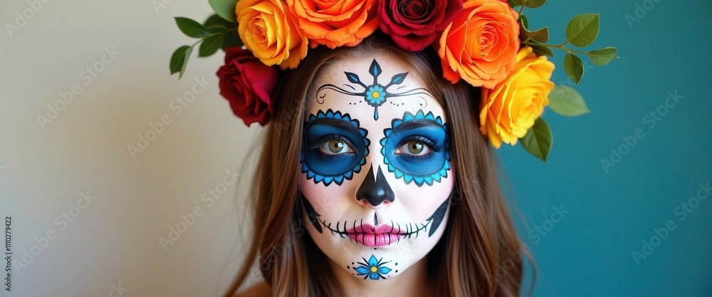 Floral Crown and Day of the Dead Makeup on Model Celebrating Dia de los Muertos. Floral Crown and Day of the Dead Makeup on Model Celebrating Dia de los Muertos.