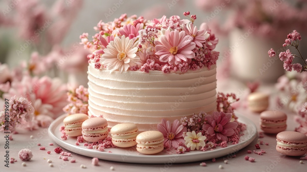Elegant number two cake decorated with pink flowers and macarons on a soft floral background for a birthday celebration. Elegant number two cake decorated with pink flowers and macarons on a soft floral background for a birthday celebration.