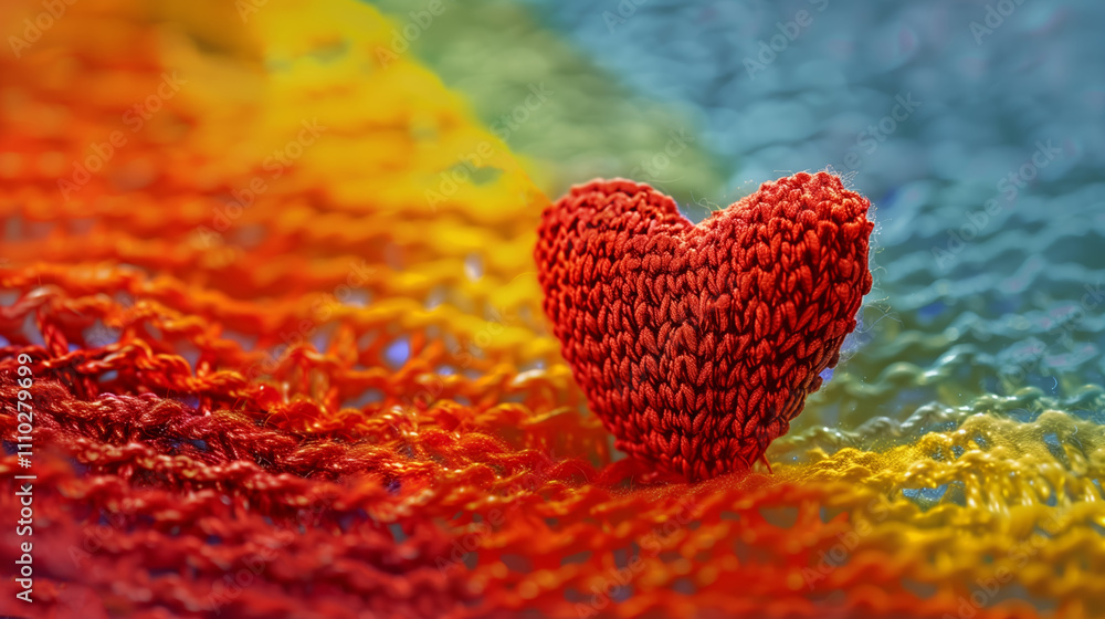 Fototapeta premium Crochet Red Heart on Rainbow Background