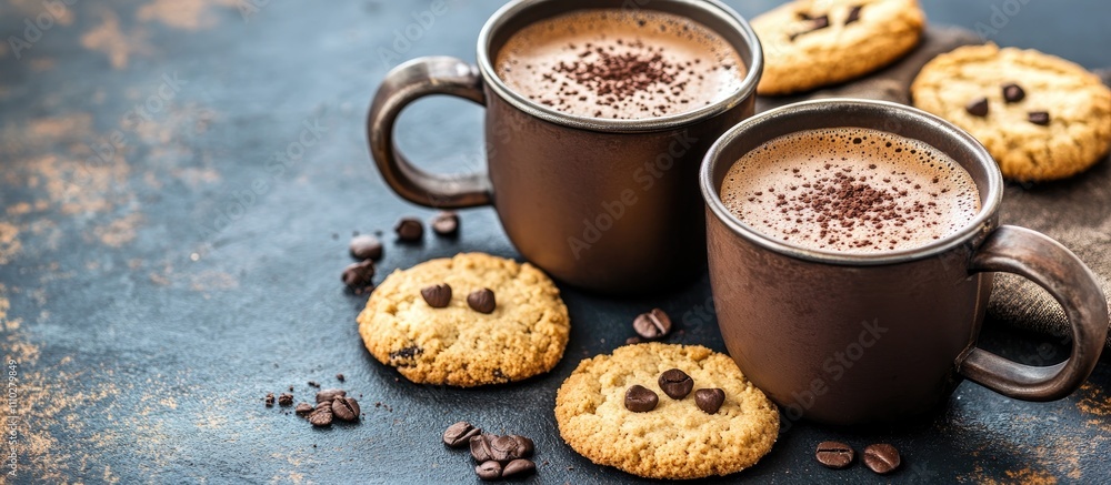 Hipster metal cups filled with hot cocoa next to freshly baked chocolate chip cookies on a rustic table setting Hipster metal cups filled with hot cocoa next to freshly baked chocolate chip cookies on a rustic table setting