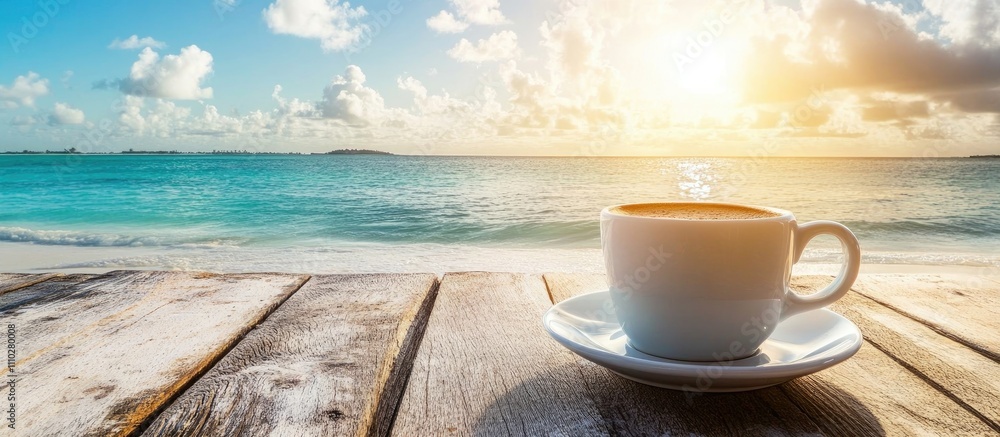 Warm cup of coffee on wooden table with ocean view at sunrise creating a serene and relaxing atmosphere for morning routines Warm cup of coffee on wooden table with ocean view at sunrise creating a serene and relaxing atmosphere for morning routines